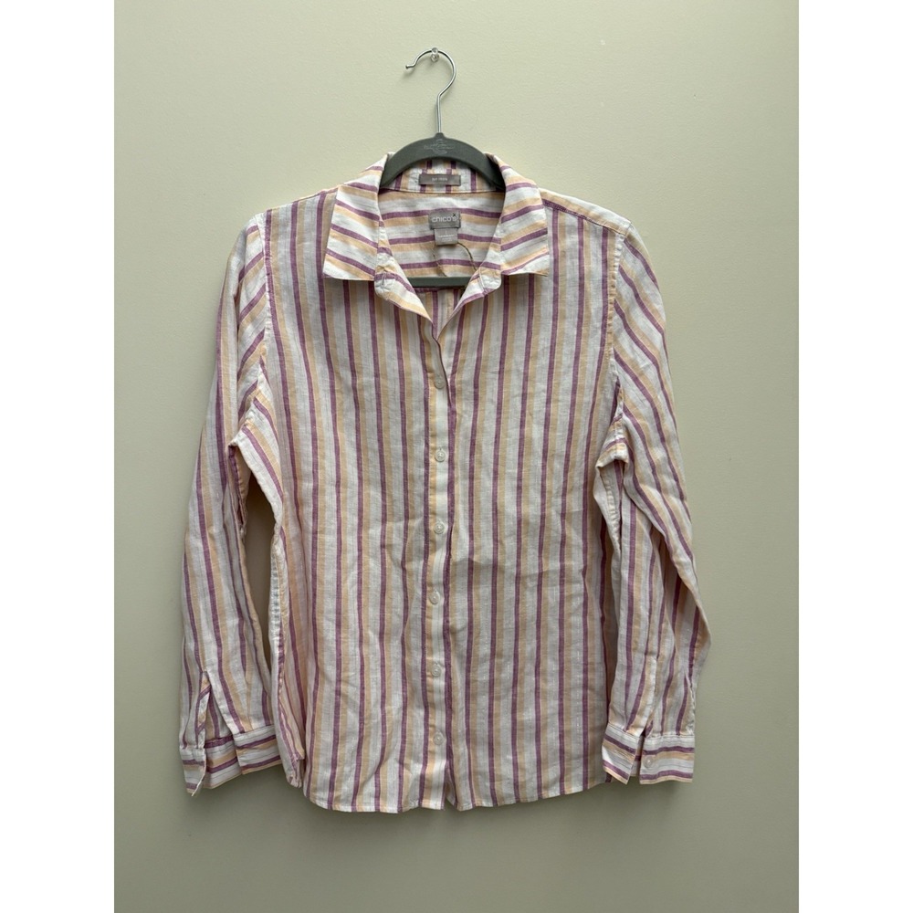 Chico's Top Button Up No Iron Linen Long Roll Tab Sleeve Multi Striped Sz 1